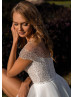 Short Sleeves Beaded Ivory Lace Glitter Tulle Slit Wedding Dress